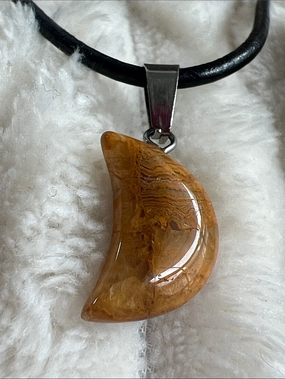 Moon-Shaped Brown Stone Pendant Necklace - Leather Cord